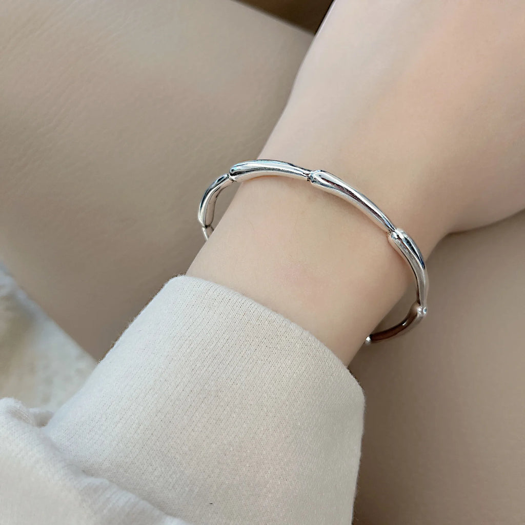 925 Silver Hiphop Bamboo Bracelet Women Retro Vintage Hasp Bracelet