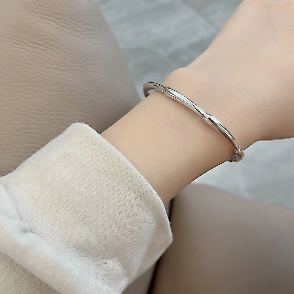 925 Silver Hiphop Bamboo Bracelet Women Retro Vintage Hasp Bracelet