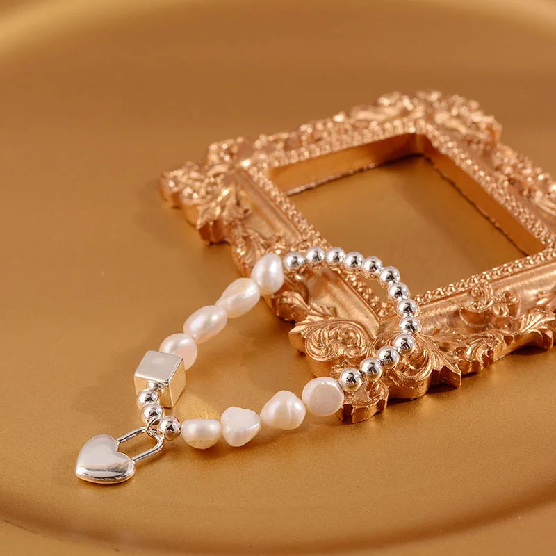 925 Silver Hiphop Pearl Heart Bracelet Vintage Hasp Gift