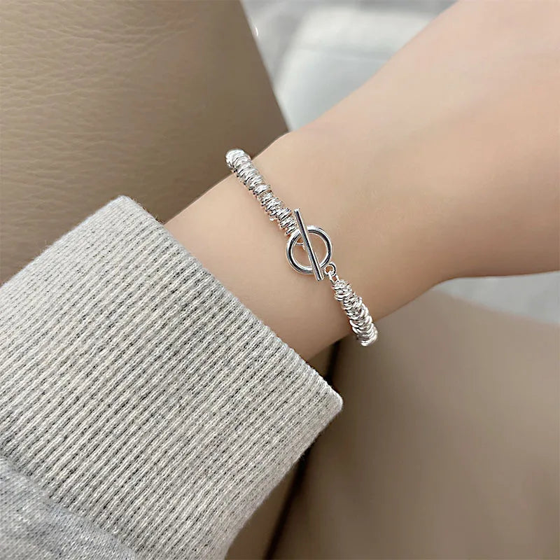 925 Sterling Silver HipHop Round Chain Bracelet Vintage Hasp Bracelet