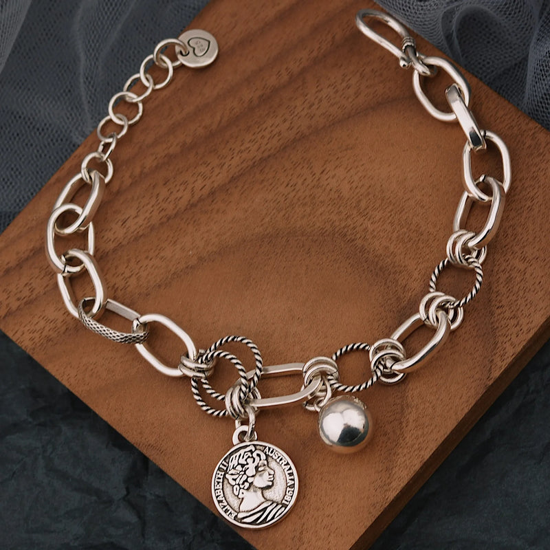 925 Sterling Silver Hiphop Ball Bracelet Vintage Hasp Birthday Gift