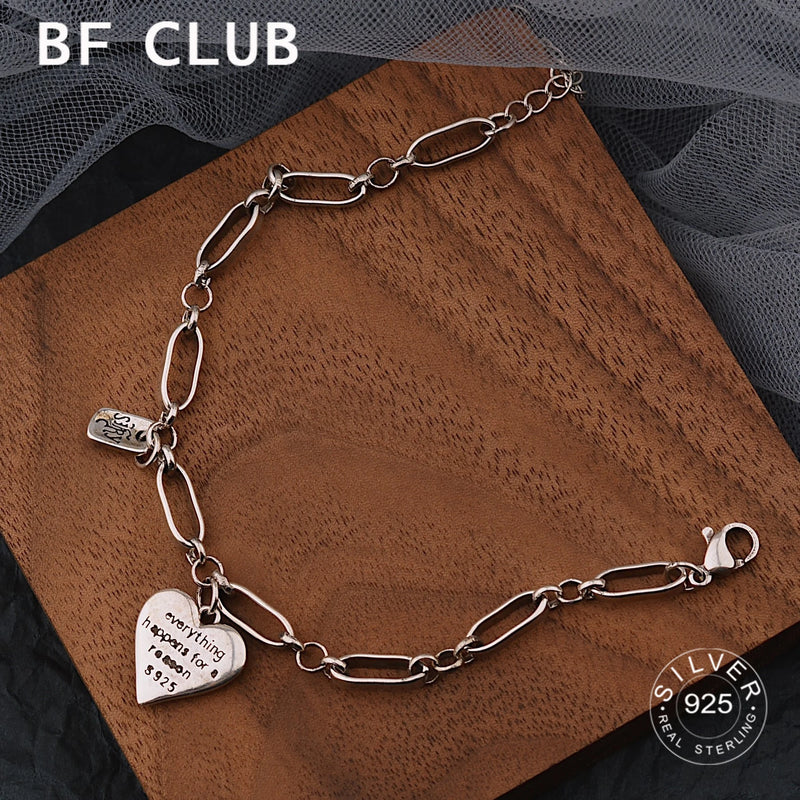 925 Silver Thick Heart Letter Bracelet Vintage Hasp Birthday Gift