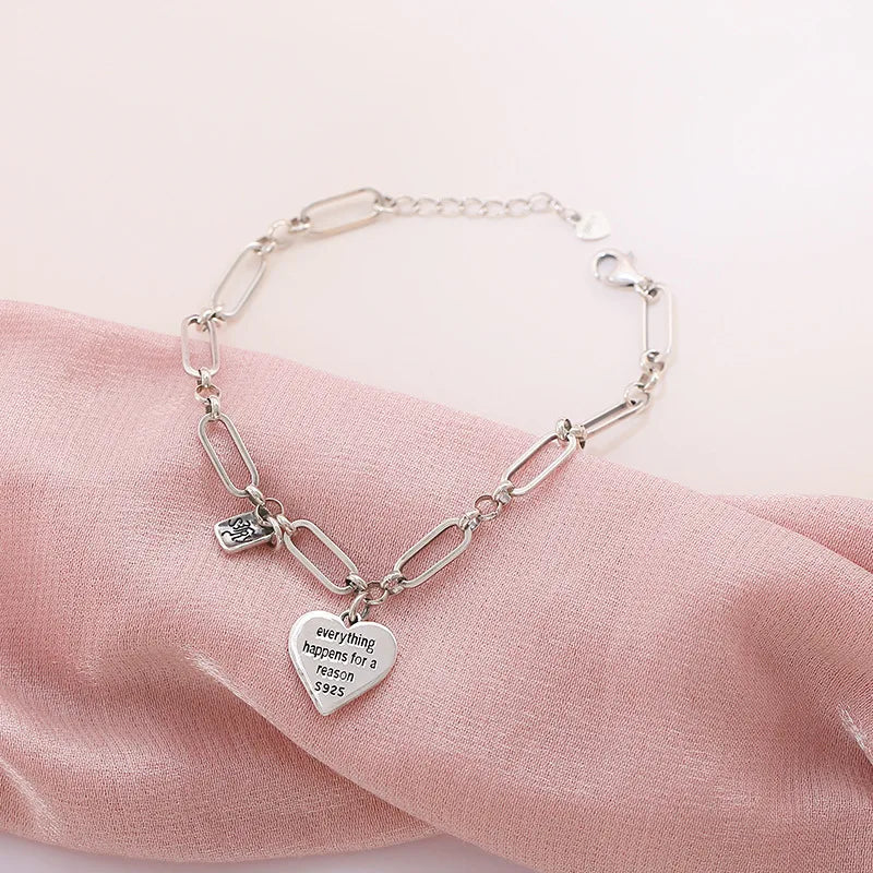 925 Silver Thick Heart Letter Bracelet Vintage Hasp Birthday Gift