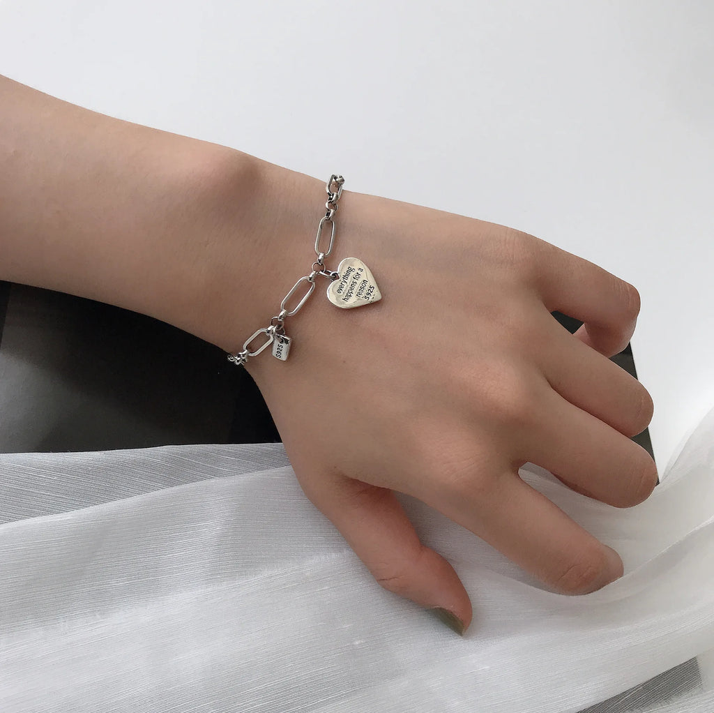 925 Silver Thick Heart Letter Bracelet Vintage Hasp Birthday Gift