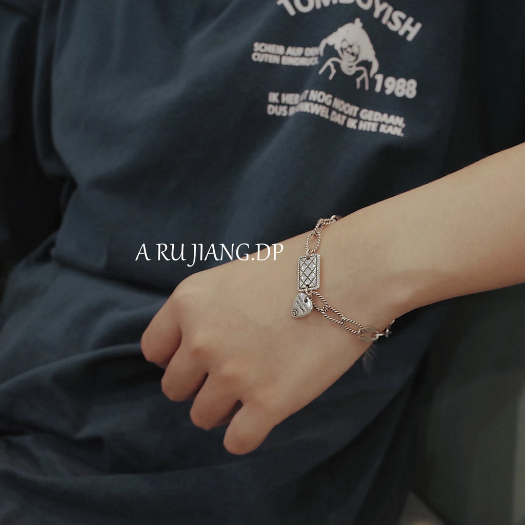 925 Sterling Silver Vintage Plaid Heart Bracelet for Women Men