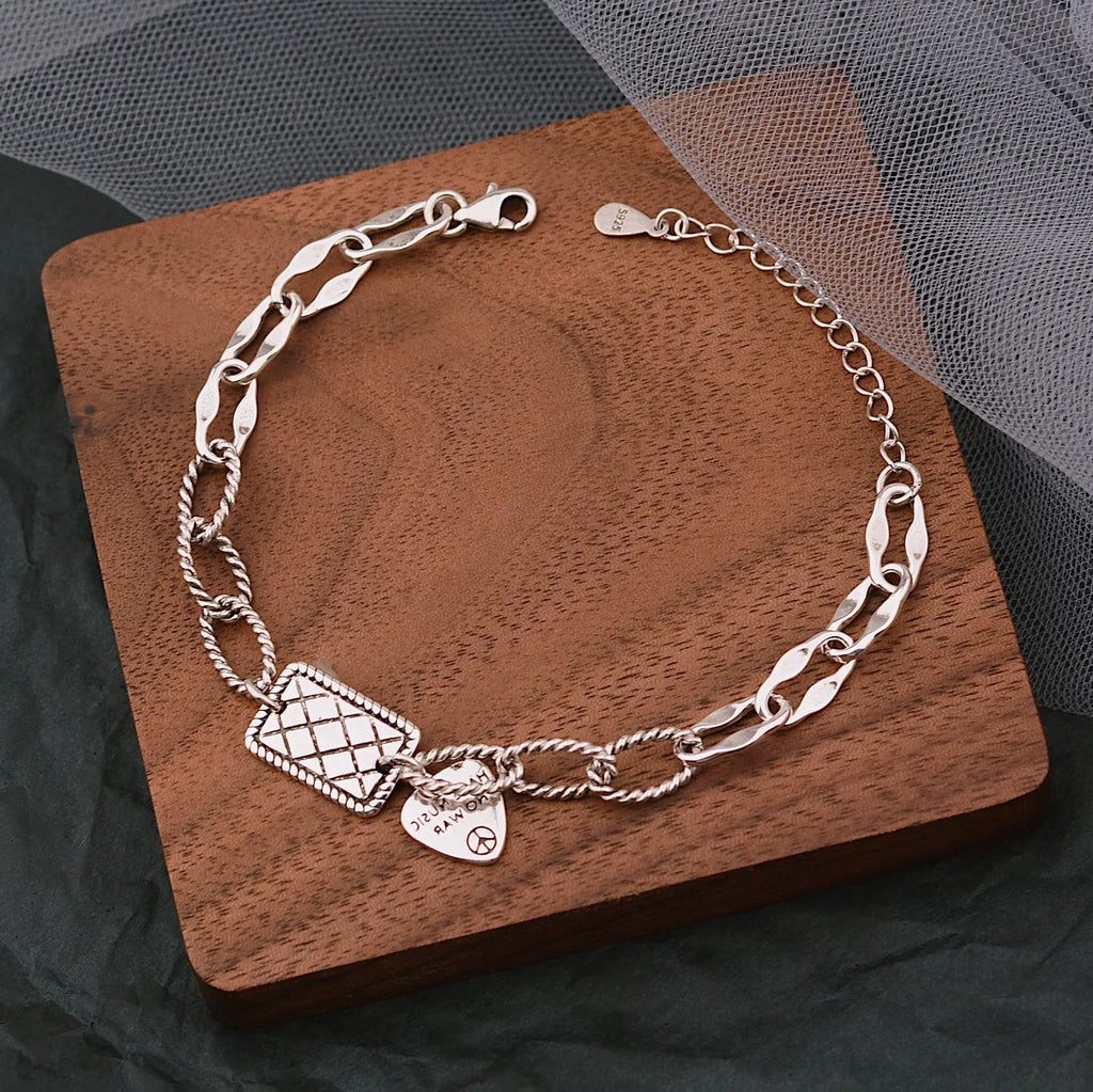 925 Sterling Silver Vintage Plaid Heart Bracelet for Women Men