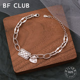 925 Sterling Silver Vintage Plaid Heart Bracelet for Women Men