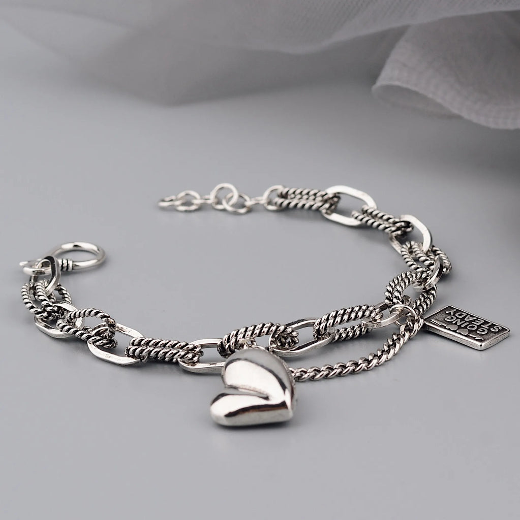 925 Silver Hiphop Thick Heart Bracelet Vintage Hasp Birthday Gift