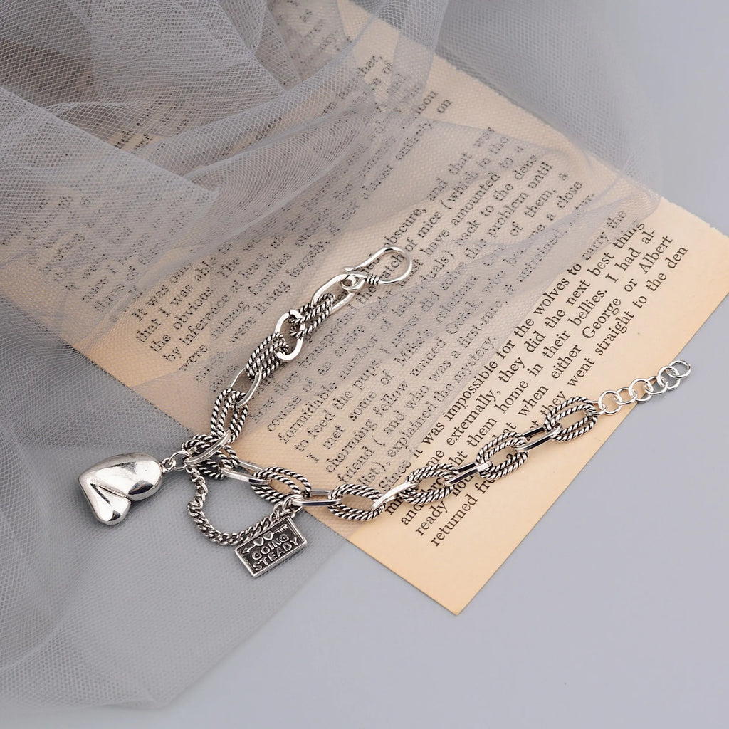 925 Silver Hiphop Thick Heart Bracelet Vintage Hasp Birthday Gift