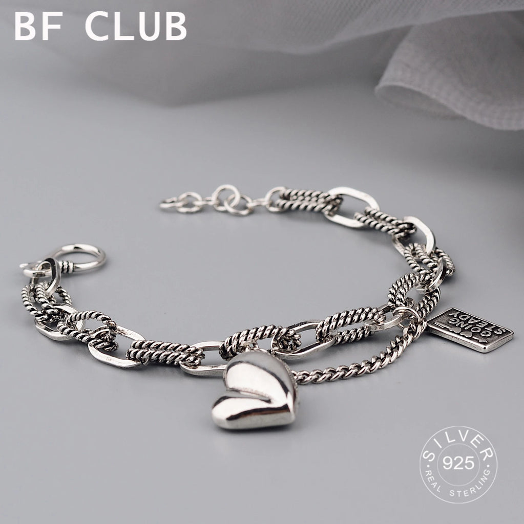 925 Silver Hiphop Thick Heart Bracelet Vintage Hasp Birthday Gift