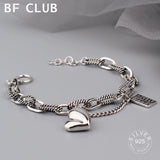 925 Silver Hiphop Thick Heart Bracelet Vintage Hasp Birthday Gift