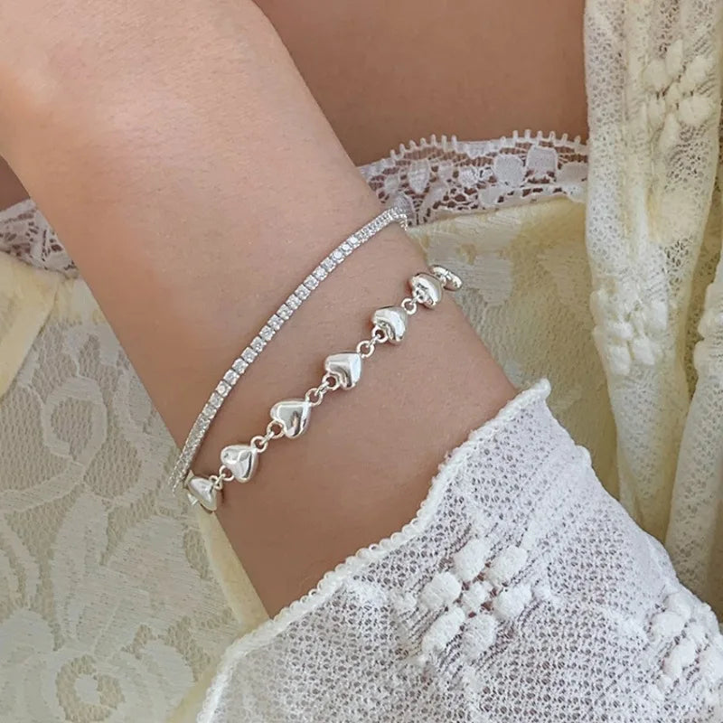 925 Sterling Silver Heart Double Chain Vintage Bracelet S-B451