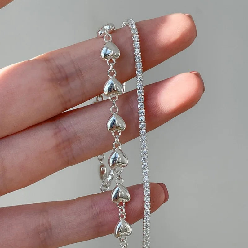 925 Sterling Silver Heart Double Chain Vintage Bracelet S-B451