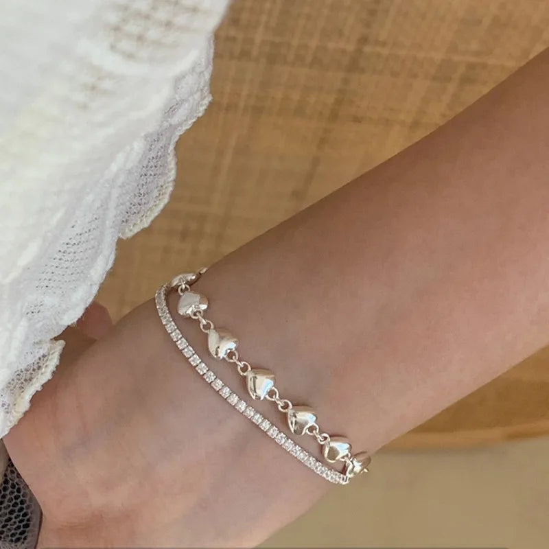 925 Sterling Silver Heart Double Chain Vintage Bracelet S-B451