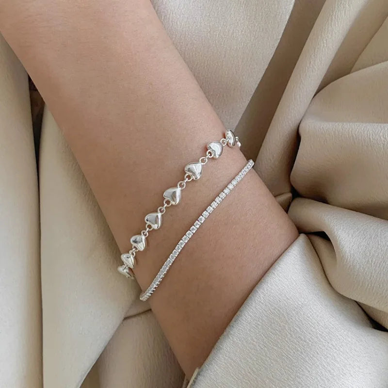 925 Sterling Silver Heart Double Chain Vintage Bracelet S-B451