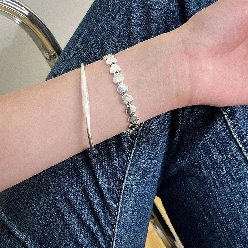 925 Sterling Silver Thick Heart Bracelet Vintage Hasp S-B451
