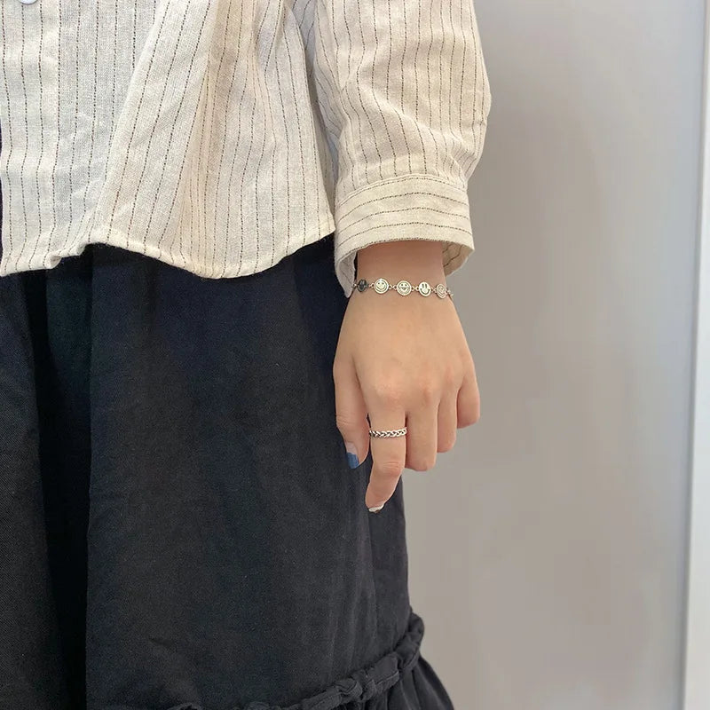 925 Silver Thick Smile Face Bracelet Vintage Hasp Birthday Gift