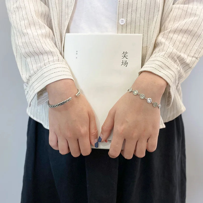 925 Silver Thick Smile Face Bracelet Vintage Hasp Birthday Gift