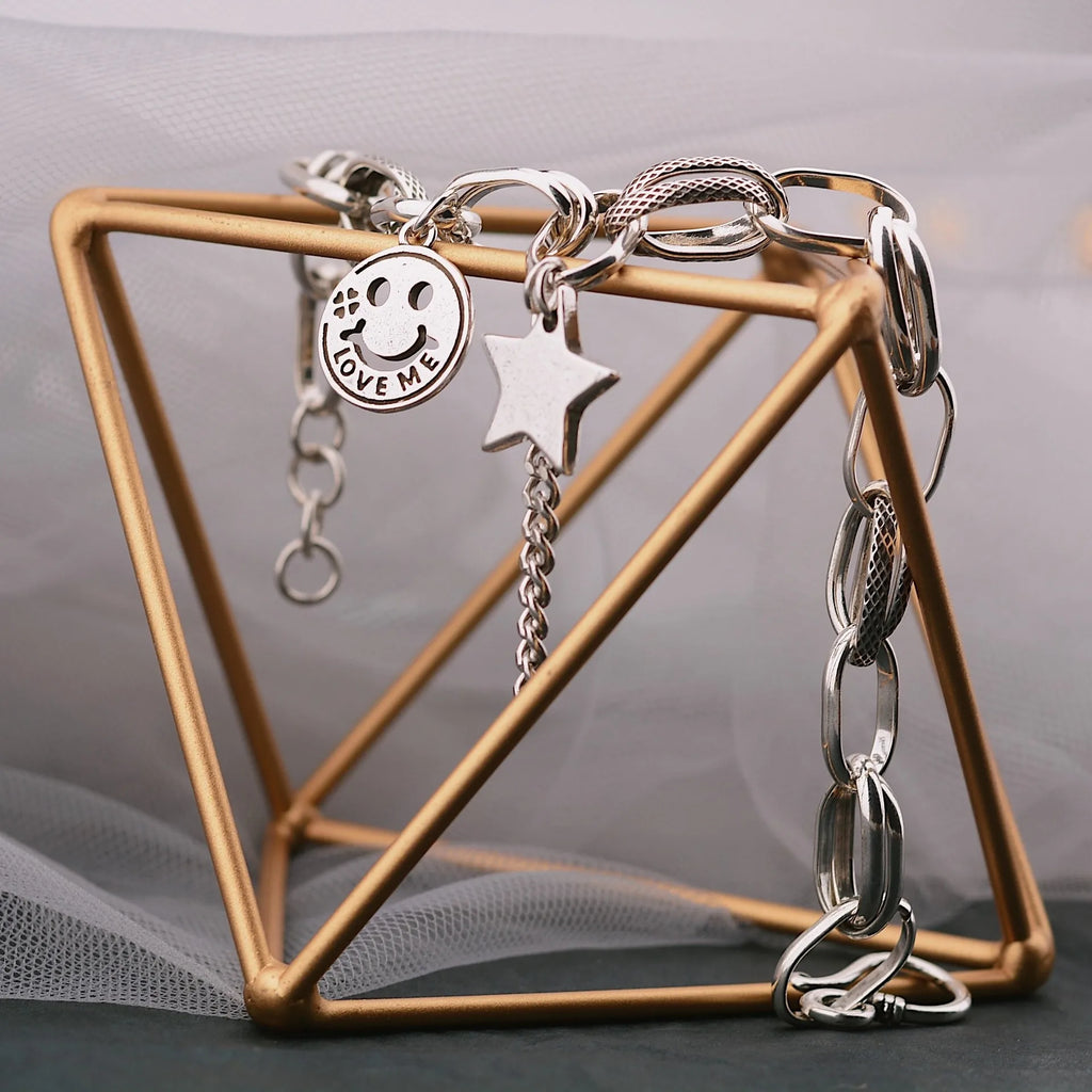 925 Sterling Silver Vintage Smile Face Star Bracelet