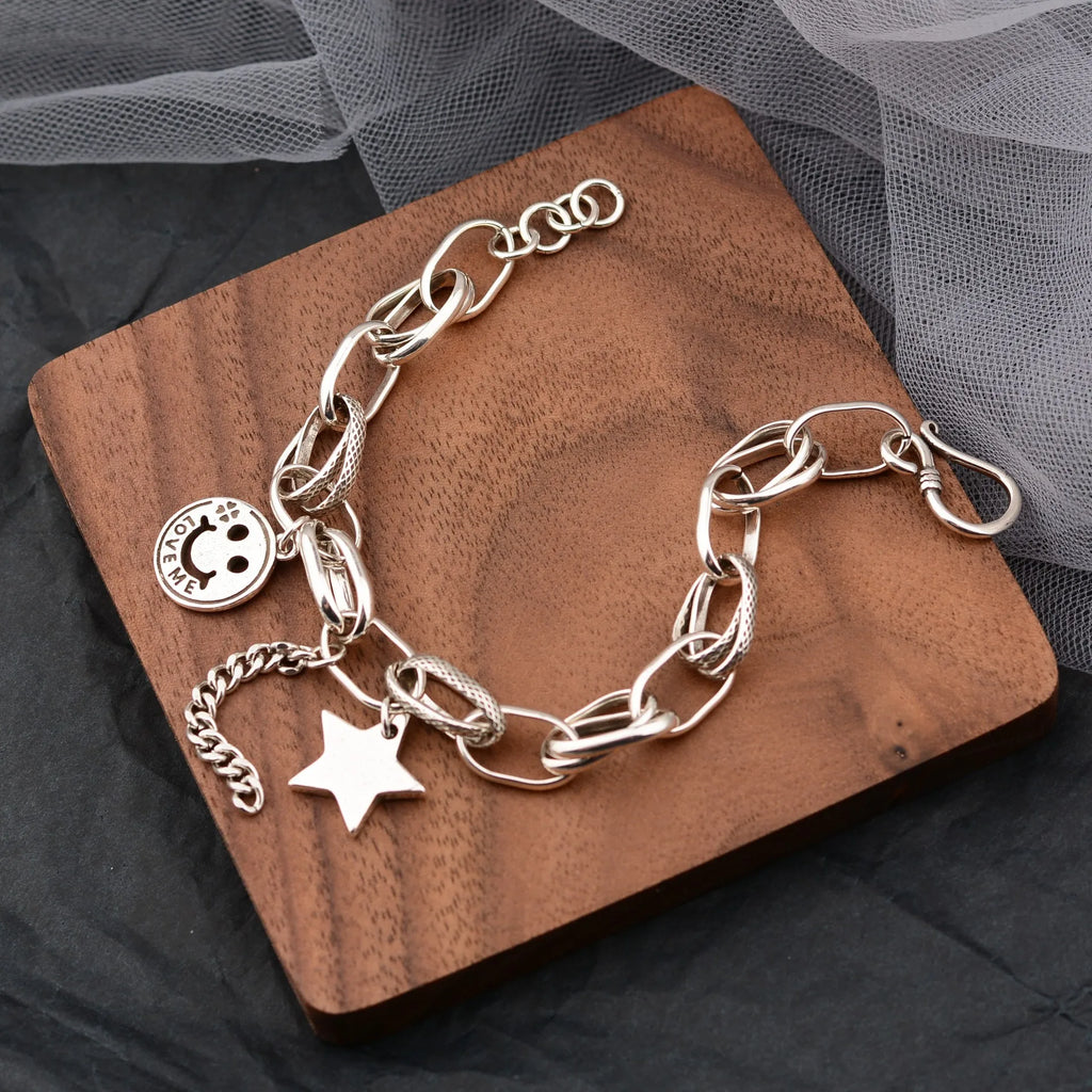 925 Sterling Silver Vintage Smile Face Star Bracelet