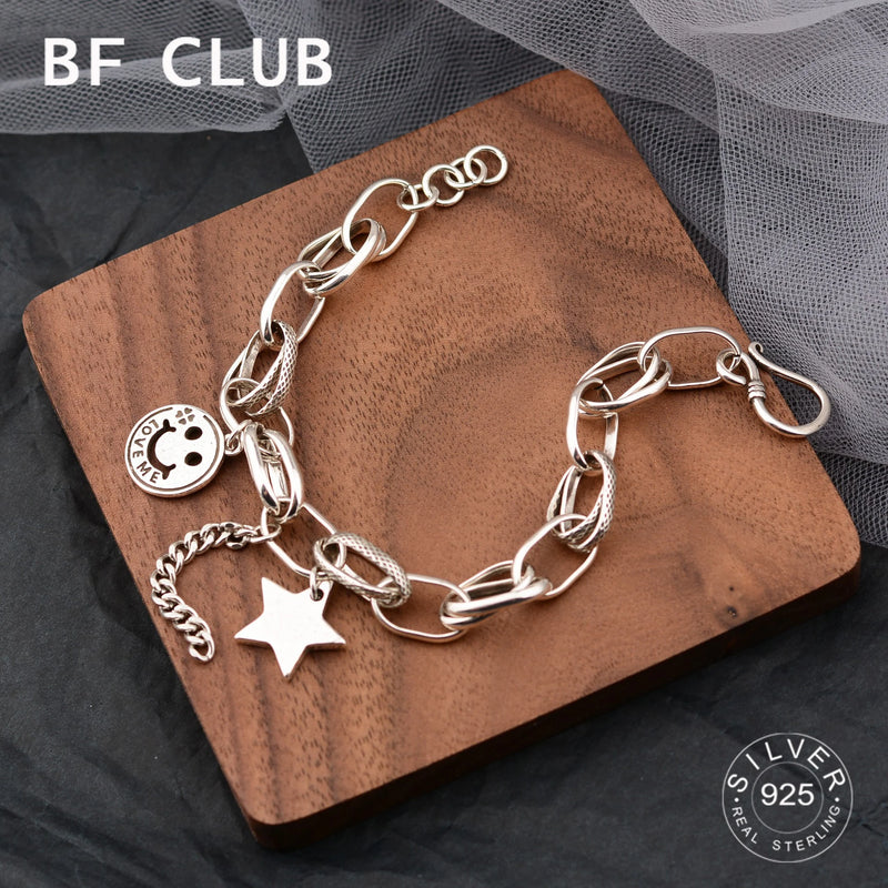 925 Sterling Silver Vintage Smile Face Star Bracelet