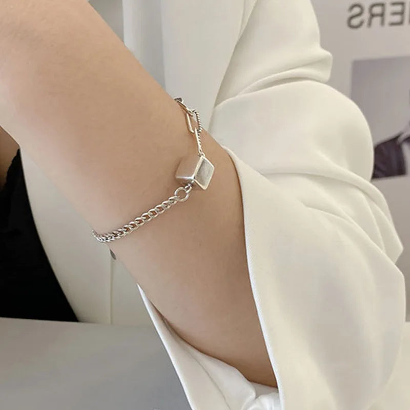 925 Sterling Silver Hiphop Square Bracelet Vintage Gift S-B451