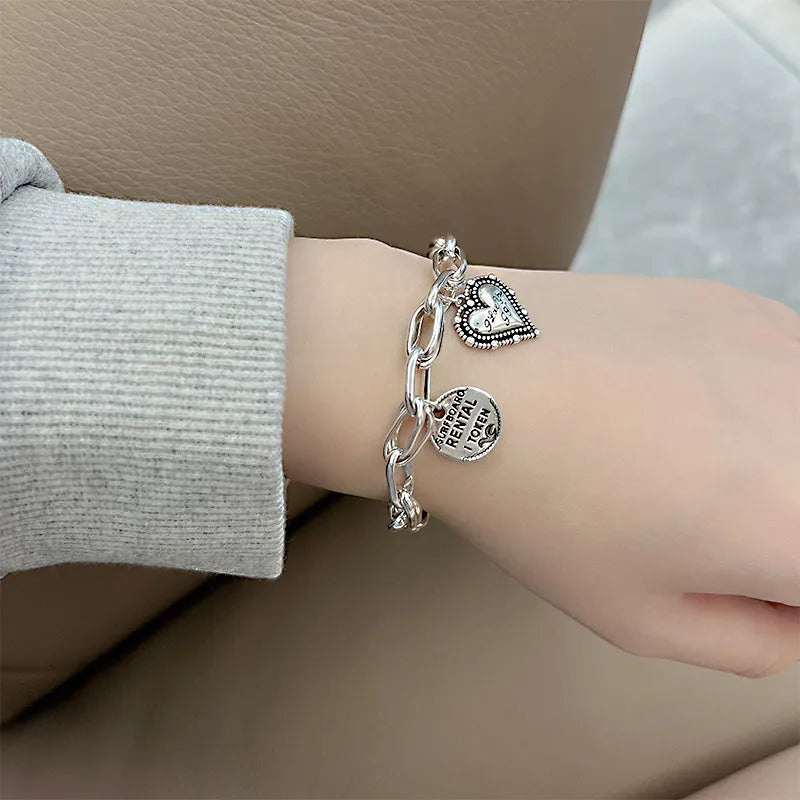 925 Silver Thick Letter Heart Bracelet Vintage Hasp Birthday Gift