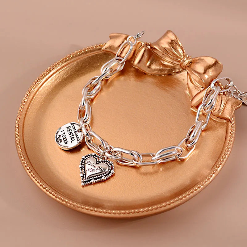925 Silver Thick Letter Heart Bracelet Vintage Hasp Birthday Gift