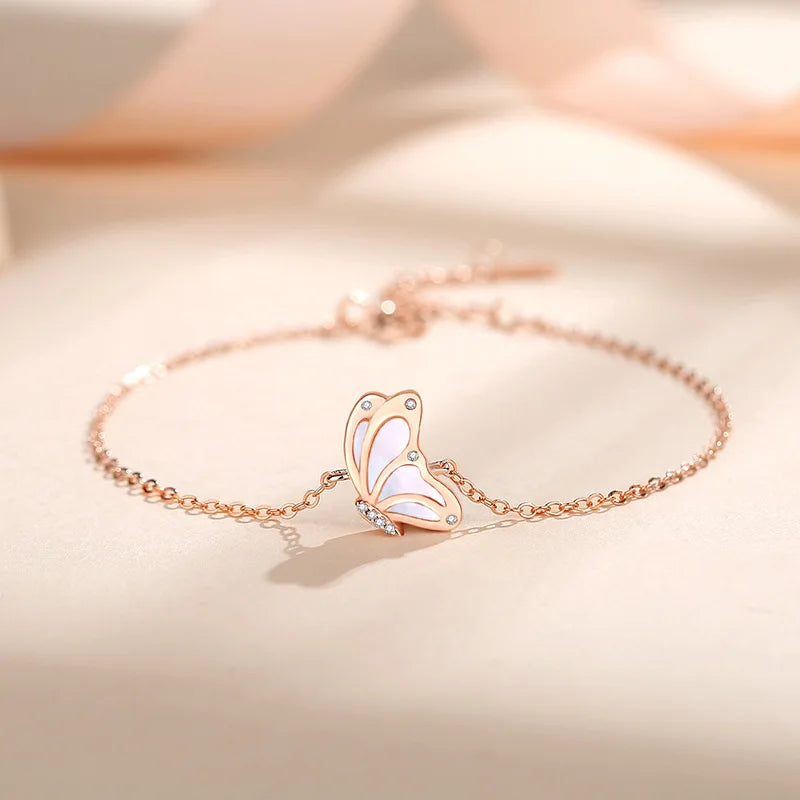 925 Silver Butterfly Charm Bracelet Rose Plated Women Hand Chain