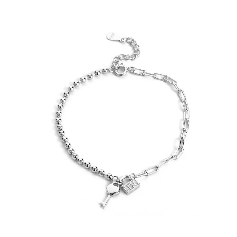 925 Silver Key and Lock Charm Bracelet Platinum Plated
