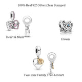 925 Silver Heart Charm Crown Beads Family Tree Pendant for Bracelet DIY Gift