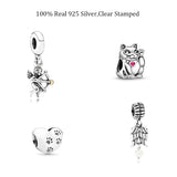 Sterling Silver 925 Waving Cat Charm Cupid Pendant Angel Wings Beads