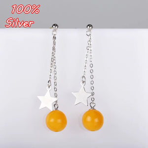 Sterling Silver Dangle Earrings with Amber Inlay