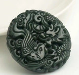 Natural Hetian Jade Sapphire Dragon Phoenix Pendant Necklace