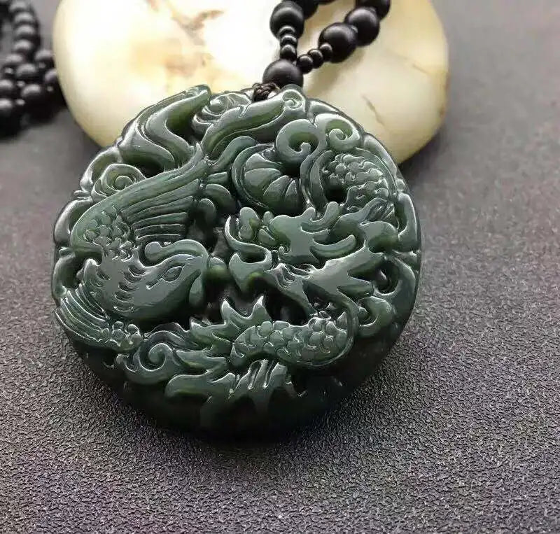 Natural Hetian Jade Sapphire Dragon Phoenix Pendant Necklace