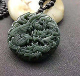 Natural Hetian Jade Sapphire Dragon Phoenix Pendant Necklace
