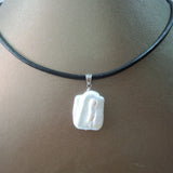 Baroque Pearl Pendant Necklace, Real Leather Chain, 17x21 mm Rectangle Pearl