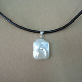 Baroque Pearl Pendant Necklace, Real Leather Chain, 17x21 mm Rectangle Pearl