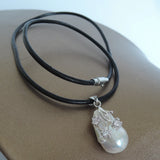 Baroque Pearl Pendant Necklace with Real Leather Chain