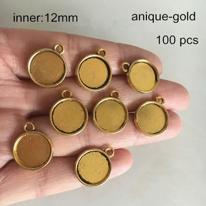 100 pcs 12mm Antique Gold/Silver Round Pendant Tray Bezel Rope Design