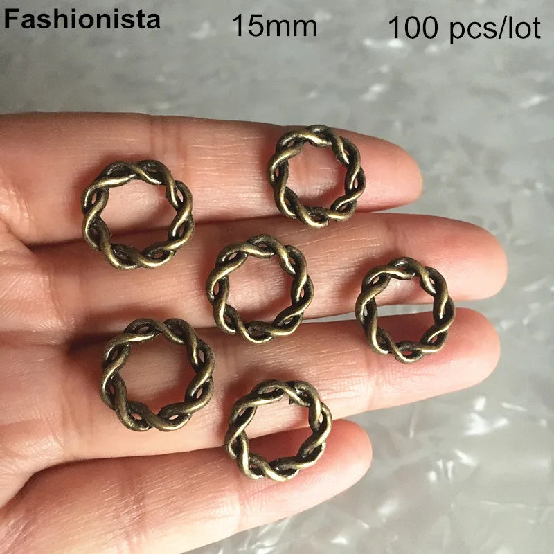 100 pcs Twisted-lines Ring Charms Earrings Findings Round Antique Bronze
