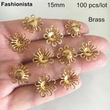 100 pcs Brass Filigree Bead Caps 15mm Flowers,8 Petal Brass Flower Bead Cap