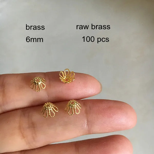 100 pcs Brass Filigree Bead Caps 6mm Silver Raw Brass Metal Hollow Flower Beads