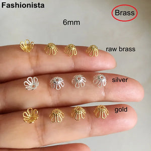 100 pcs Brass Filigree Bead Caps 6mm Silver Raw Brass Metal Hollow Flower Beads