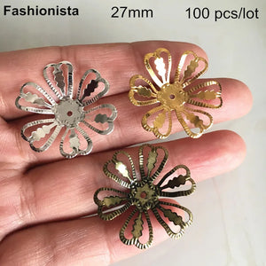 100 pcs Filigree Metal Flowers Bead Caps 27mm, Gold/Silver/Steel/Bronze