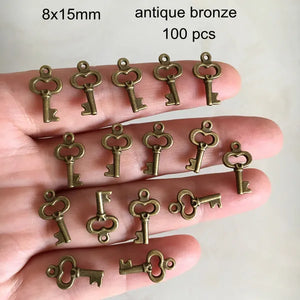 100pcs Tiny Key Charms Antique Bronze 8x15mm for Pendants Earrings Zipper Pulls