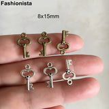 100pcs Tiny Key Charms Antique Bronze 8x15mm for Pendants Earrings Zipper Pulls
