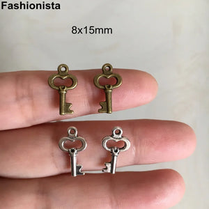 100pcs Tiny Key Charms Antique Bronze 8x15mm for Pendants Earrings Zipper Pulls