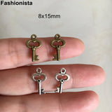100pcs Tiny Key Charms Antique Bronze 8x15mm for Pendants Earrings Zipper Pulls