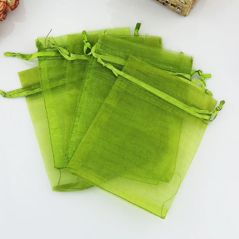 100 pcs Army Green Drawstring Organza Bag Wedding Candy Gift Bag 5x7cm 7x9cm